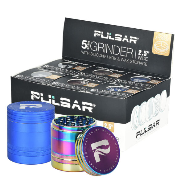 6pc Display – Pulsar Herb/Wax Storage Grinder – 5pc/2.5″/Asst Colors